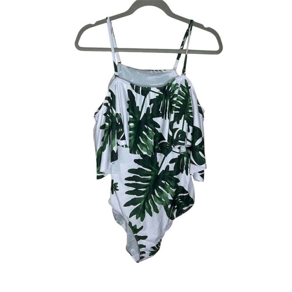 Women's 2XL Off Shoulder One Piece Swimsuit Green Palm Print